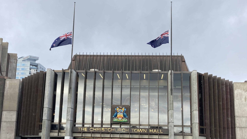 Christchurch Town Hall flags flying at half-mast